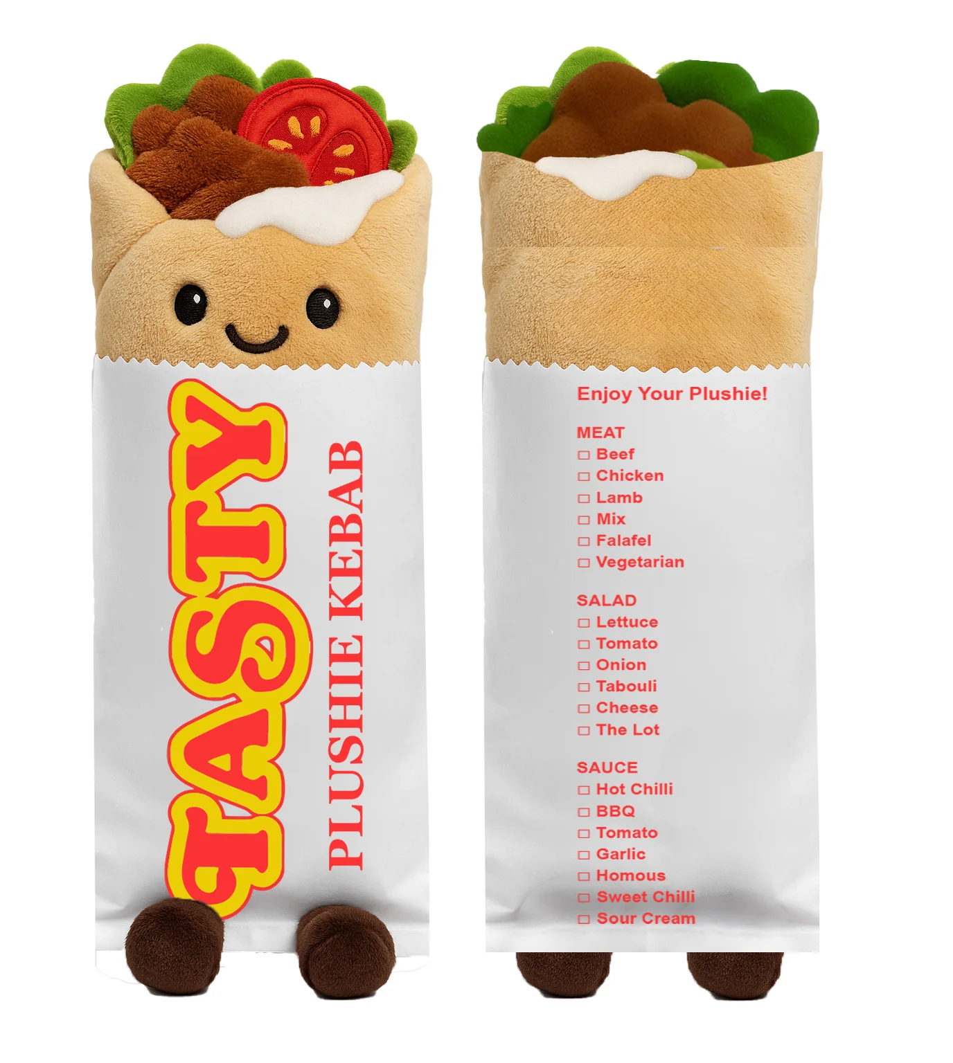 Front and back views of a kebab-wrap plush toy, showing the toppings, facial expression and wrapper graphics